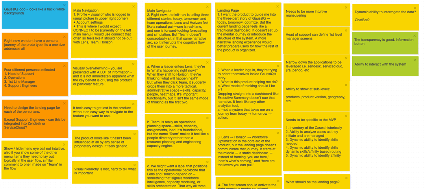 Sticky-note board showing product strategy notes and feedback about navigation, landing pages, transparency, and interaction design.